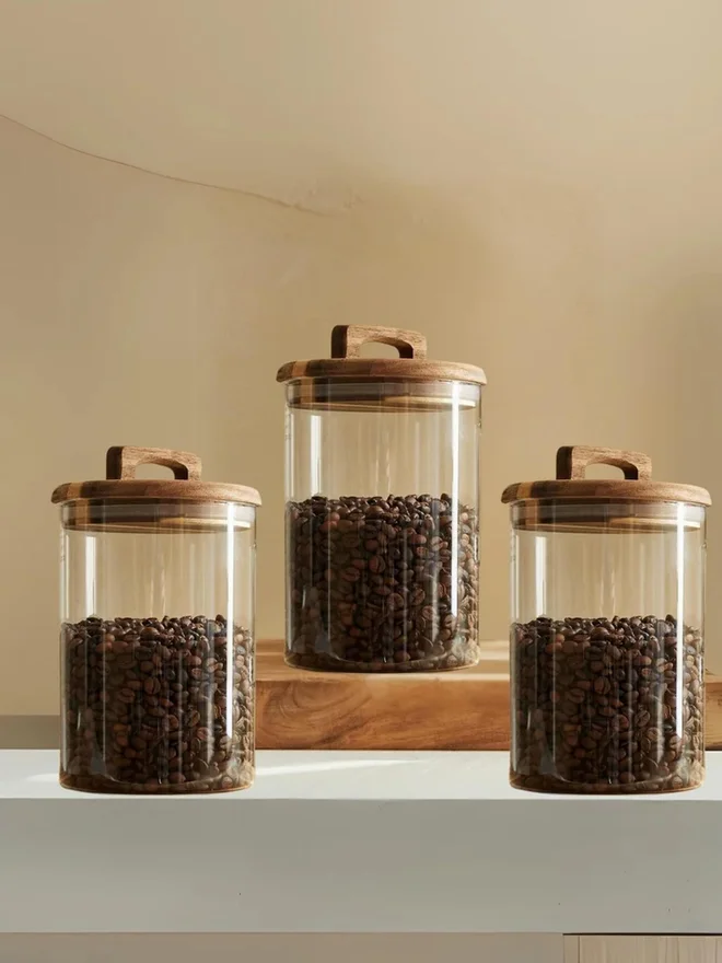 1Chase 1CHASE 3-Piece Borosilicate Glass Food Storage Jar With Acacia Wood Air Tight Lid 800ML